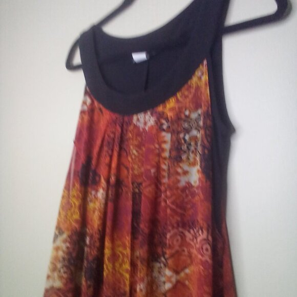 Rodan Dress Women M Sleeveless Open Front Flowing Black Orange Red - Picture 8 of 15
